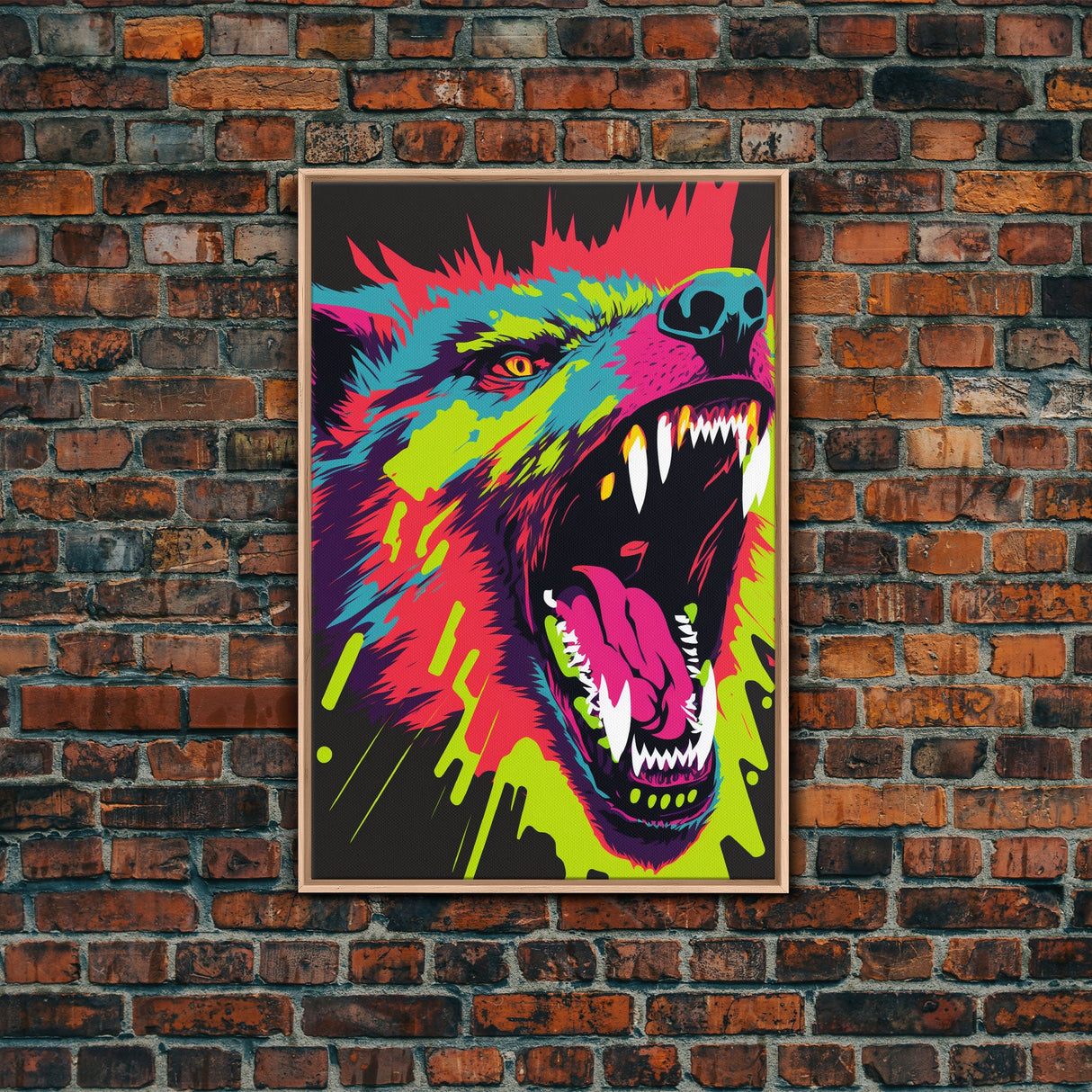 CHOMP! Wolf Bite! Framed Canvas Print, Unique Pop Art Style Animal Print