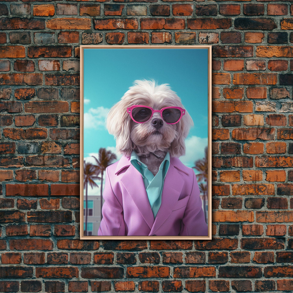 Shih Tzu Wall Print, Dog Wall Art, Dog Sunglasses, Pink Teal Suit, Funny Wall Art, Framed Wall Art, Framed Canvas, Wall Print, Wall Canvas