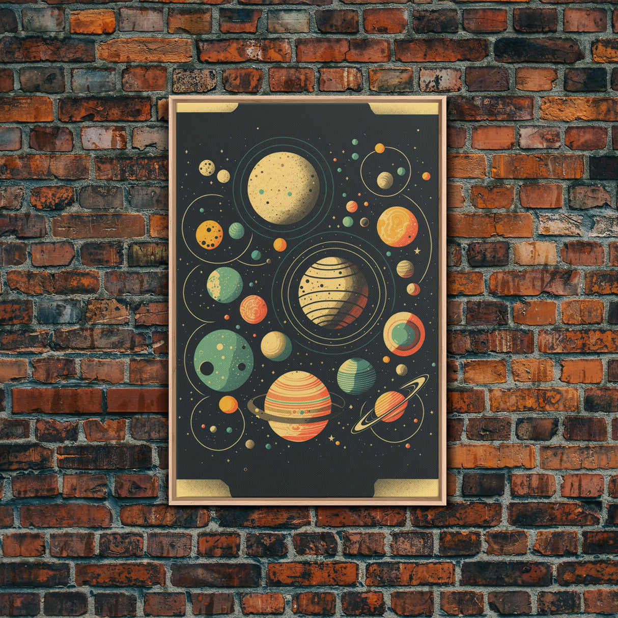 Art Deco Inspired Planetary Solar System Art, Framed Canvas Print, Cute Nursery Decor