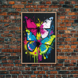 Graffiti Butterfly Art, Framed Canvas Print, Large Wall Art, Contemporary Punk Art, Butterflies, Pop Art, Paint Splatter Art