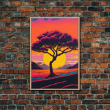 Weeping Willow At Sunset, Retro Style MCM Art, Framed Canvas Print, Trendy Wall Prints, Landscape and Sunset Outrun Art