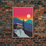 The Lodge, MCM Architecture Art, Framed Canvas Print, Midcentury Mountainside Villa, Colorado Rockies Pop Art