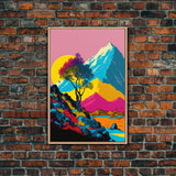 Retro Midcentury Style Wall Art, Framed Canvas Print, Colorful Wall Art, Mountain Landscape, Office Decor, Low Res Art