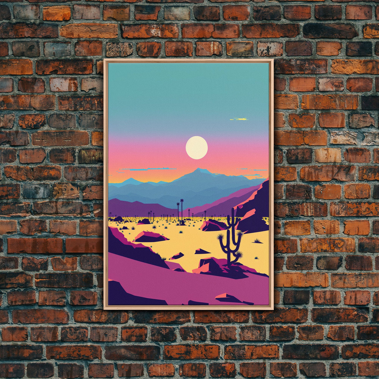 Synthwave Desert Landscape, Subdued Pastel Nature Art, Southwestern Decor, Framed Canvas Print, Pink and Turquoise Skies