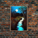 Spooky Art, Full Moon Over a Calm Stream At Night, Framed Canvas Print, Nature / Landscape Painting