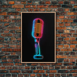 Neon Lights Retro Microphone Wall Art, Vibrant Art, Music Room Wall Art, Minimalist Print, Wall Decor, Canvas Print, Wall Art, Framed Canvas
