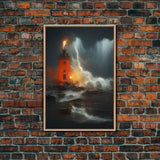 Lighthouse Oil Painting Canvas Print, Light house in a hurricane, dark stormy night, waves crashing