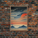 Japanese style wall art, sunrise over the mountains, canvas print, woodblock print style art, Hokusai style wall art