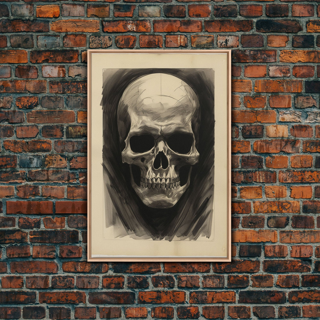 Charcoal Drawing, Human Skull, Gothic Art Print, Spooky Decor, Canvas Print, Wall Art, Vertical Art, Gaming Wall Decor, Office Wall Decor