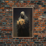 Grim Reaper, Flower Deliveryman, Gothic Halloween Decor, Framed Canvas Print, Scary Horror Art, Goth Decor, Oil Painting, Dark Academia
