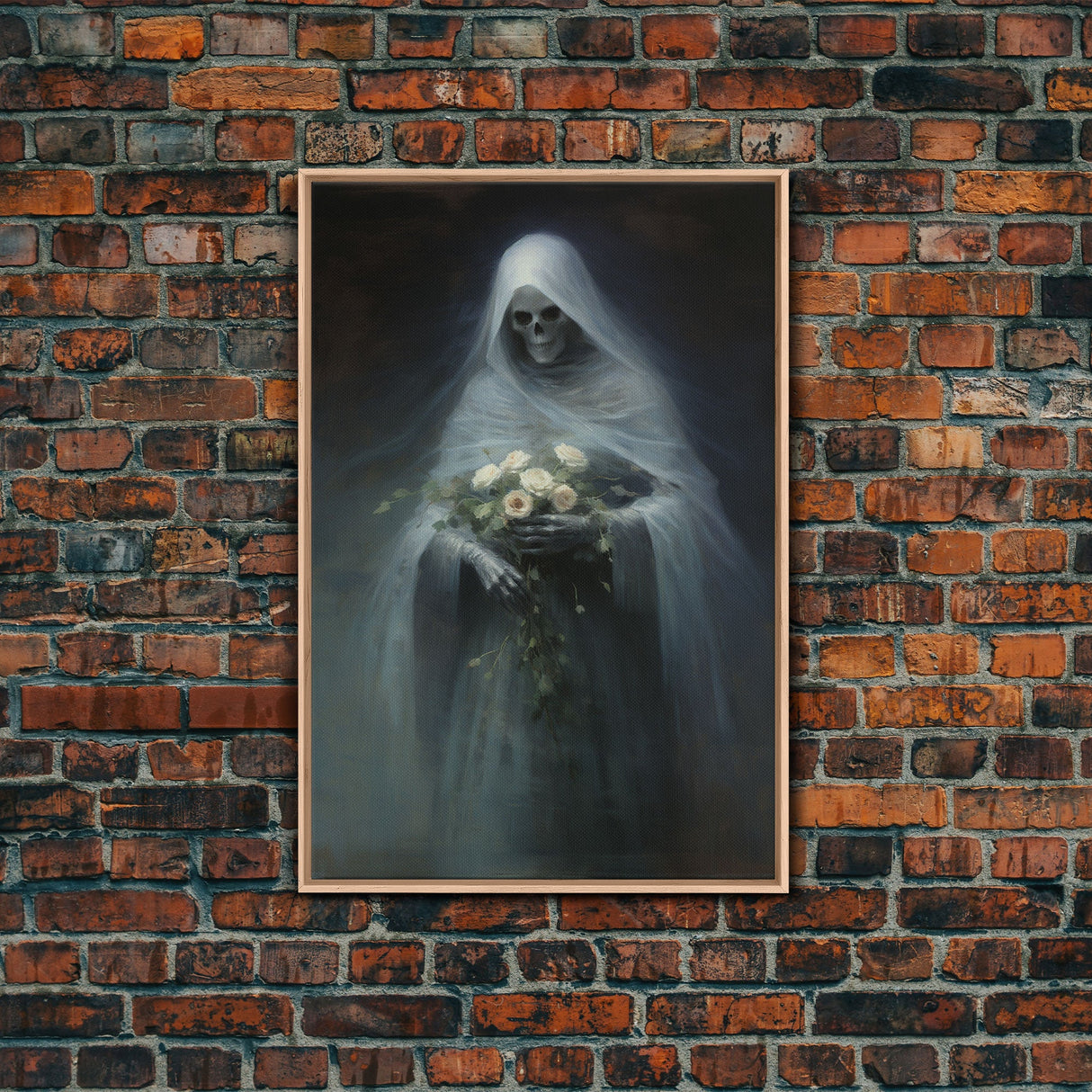 Grim Reaper Holding Flowers, Gothic Halloween Decor, Framed Canvas Print, Scary Horror Art, Goth Decor, Oil Painting, Dark Academia