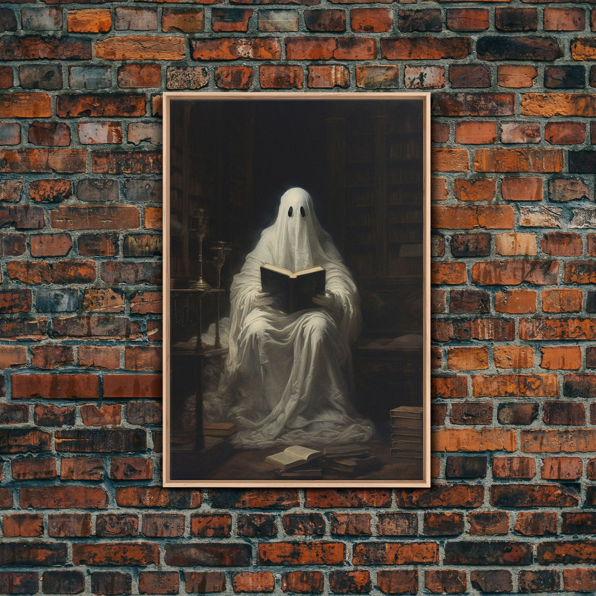 The Reading Ghost, Victorian Halloween Art, Funny Halloween, Framed Canvas, Halloween Canvas Art, Macabre Goth Art