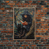 Cute Witch Reading Spells To Her Black Cat Familiar, Vintage Halloween Art, Framed Canvas Print, Halloween Canvas Art, Witchcraft