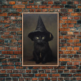 Cute Witch's Familiar Cat Halloween Art, Cat Witch, Cat Painting, Cute Cat Print, Halloween Decor, Black Cat Print, Framed Canvas / Canvas