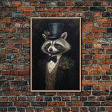 Distinguished Dapper Gentleman Raccoon, Funny Animal Prints, Humorous Art, Framed Canvas, Wall Art, Canvas Print, Funny Halloween Decor