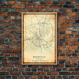 Nashville Map Print, Framed Canvas Wall Art, Tennessee Street Map Art, Davidson City Street Road Map Wall Decor