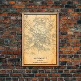 Vintage Style Bucharest City Map Wall Art Canvas Print, Distressed Bucharest Map, Framed Wall Art, Cool RomaniaTravel Wall Art, Office Art