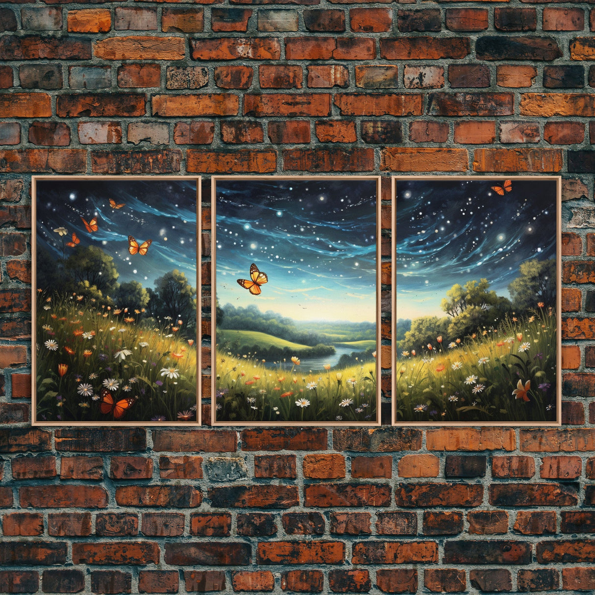 Wildflower Meadow. Wildflower Art, Canvas Print, Butterflies, Wall Art, 3 Piece Wall Art, Country Home Decor, Indie Room Decor, Room Decor