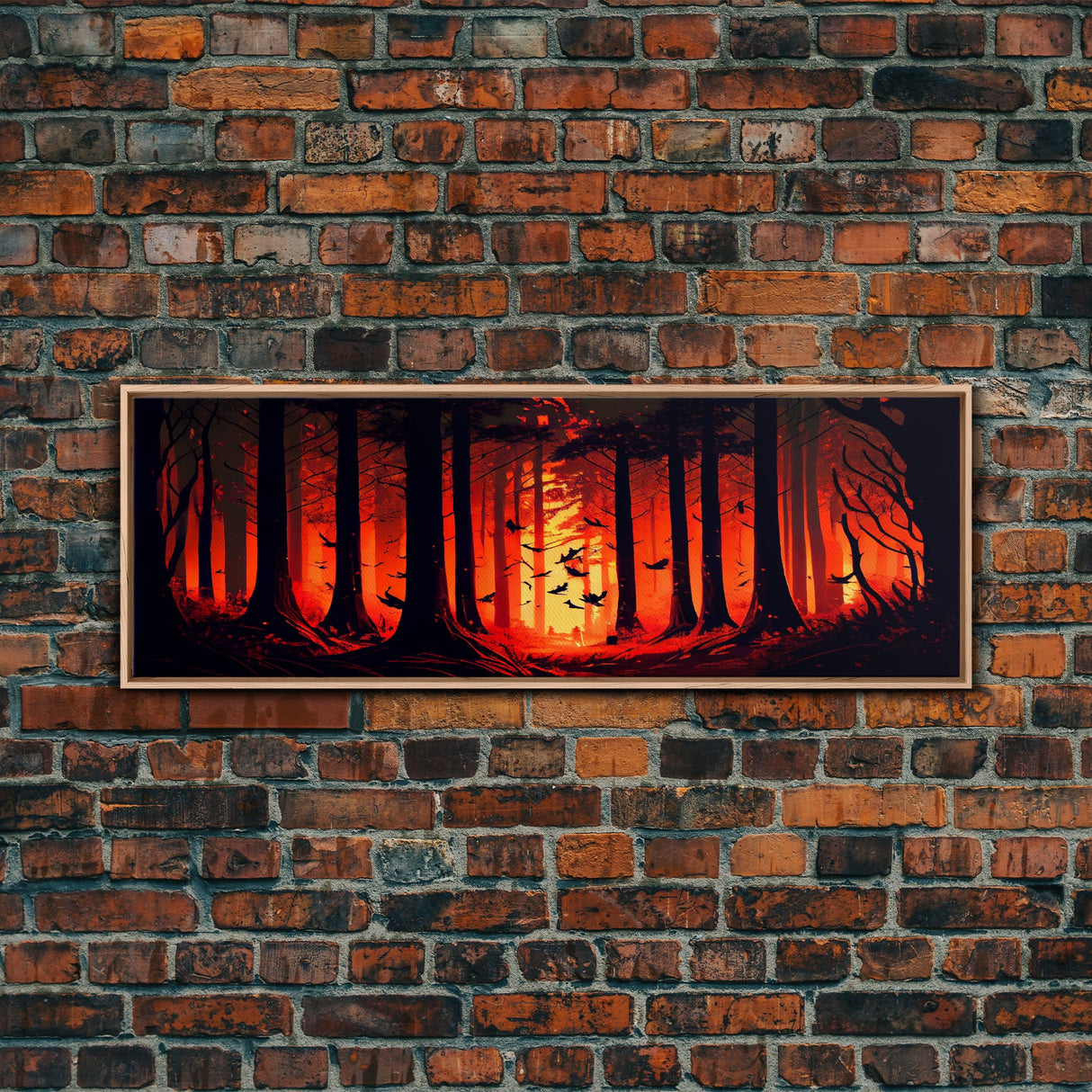 Forest Landscape Art, Forest Fire, Fall / Autumn Decor, Panoramic Wall Art, Framed Canvas Print, Orange and Yellow Fantasy Forest
