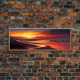 Panoramic Framed Canvas Print - Watercolor Desert Landscape Painting - Vibrant Sunset - Wall Art for Living Room, Bedroom
