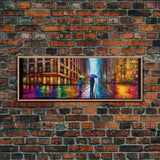 Colorful Umbrellas City Canvas Print, Large Urban Art Print, Two People Walking On Street, Vibrant Art, Panoramic, Wall Art, Canvas Print