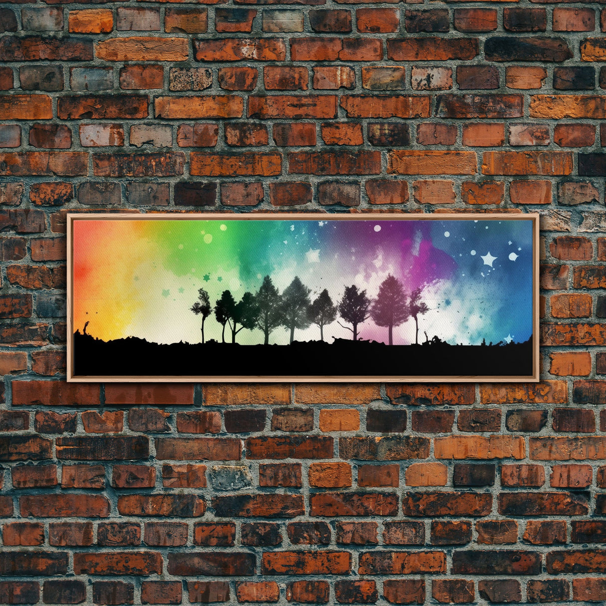Large Abstract Art Print, Colorful Watercolor Sky, Silhouette Trees, Tie Die Sky, Framed Canvas Print, Panoramic, Wall Art, Canvas Print