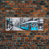 Teal Train, Tram In The City, Urban Art Painting, Large Mixed Media Art, Streetcar Print, City Art, Panoramic, Wall Art, Canvas Print