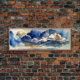 Whimsical Clouds Wall Decor, Ready To Hang Canvas Print, Panoramic, Clouds and Blue Sky, Guest Room Art, Minimalist Decor