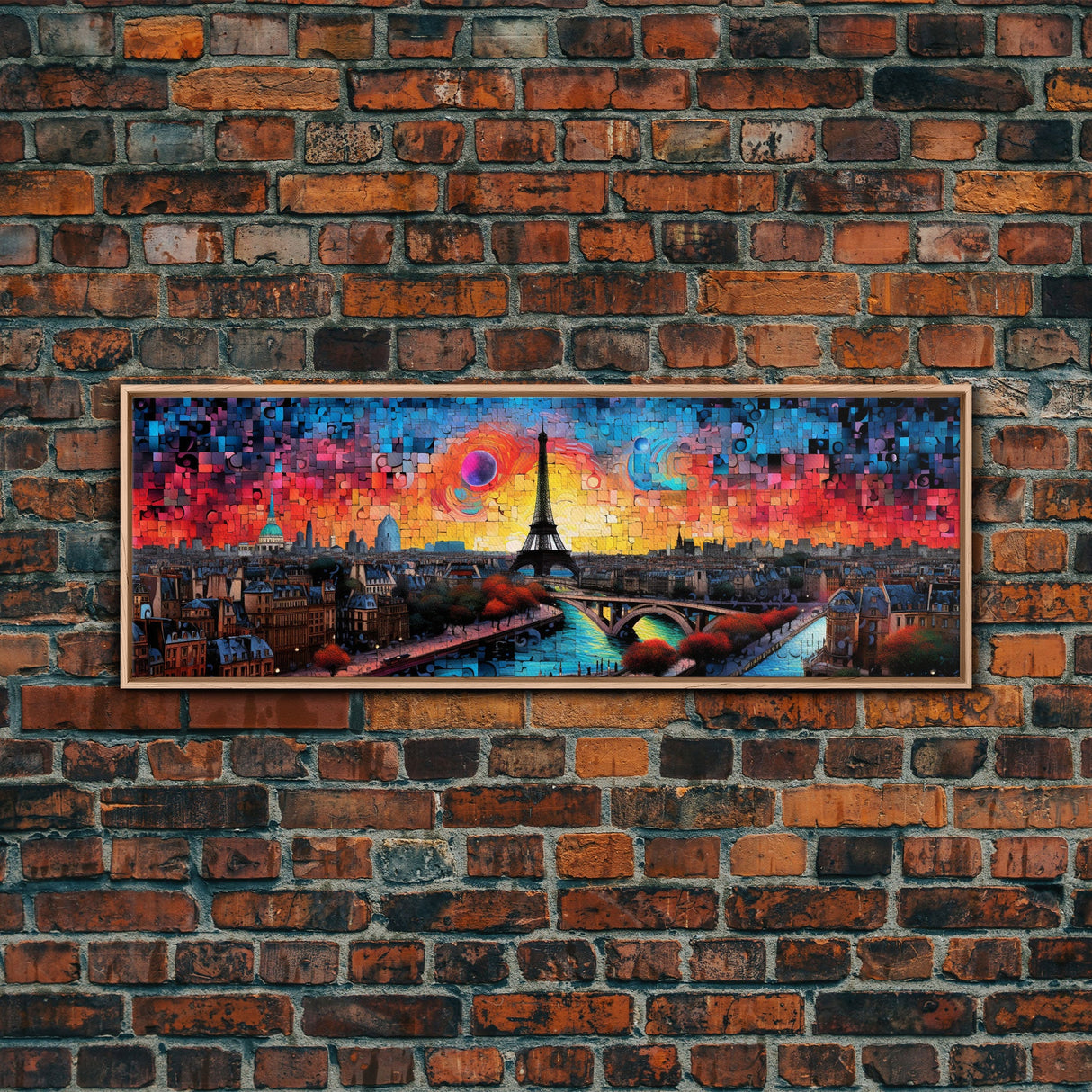 Jigsaw Abstract Paris France Panoramic Framed Canvas Print, Van Gogh Inspired Original Painting, Colorful Wall Art