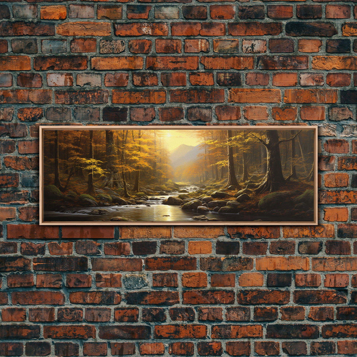 The Forest In The Fall, Fall Centerpiece, Panoramic Painting Framed Canvas Print, Fall Decor, Orange Leaves Falling In The Forest