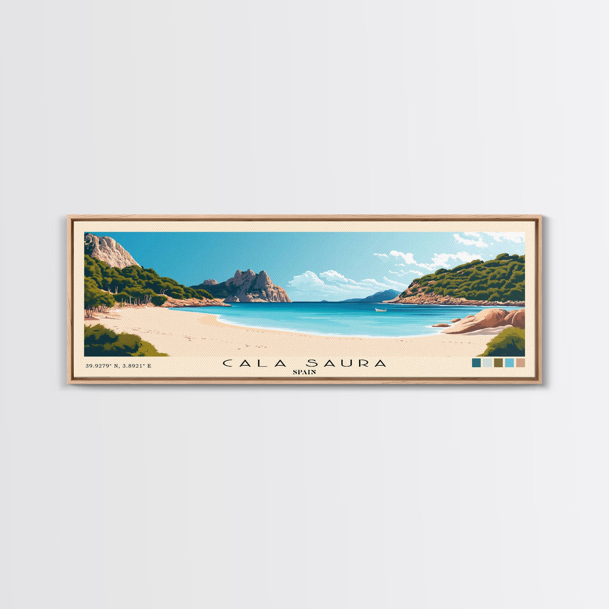 Cala Saura, Spain Panoramic Print, Vacation Gift, Spain Wall Art, Beach Painting, Beach Decor, Large Wall Art, Wood Frame Art