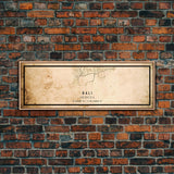 Vintage Panoramic Bali Indonesia City Map Wall Art Canvas Print, Distressed Style Map, Framed Wall Art, Cool Travel Wall Art, Office Art