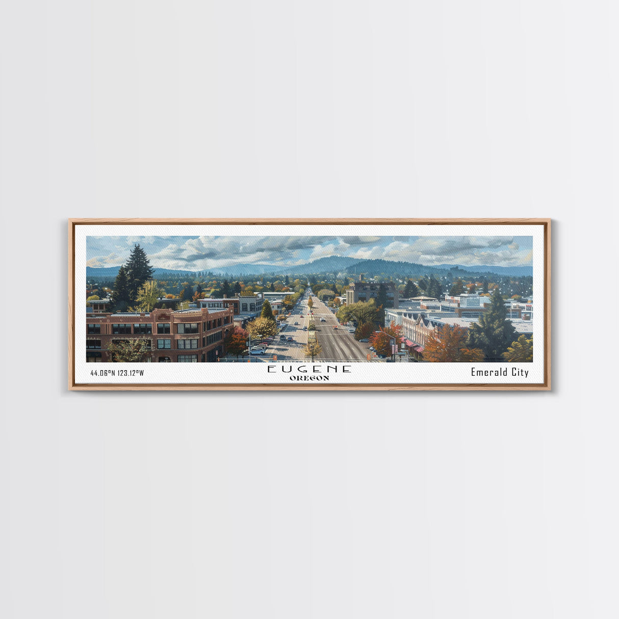 Eugene Oregon Panoramic Watercolor Painting, Scenic Framed Canvas Print, Urban Wall Art for Office, Travel Poster, Home Decor, City Gift Idea