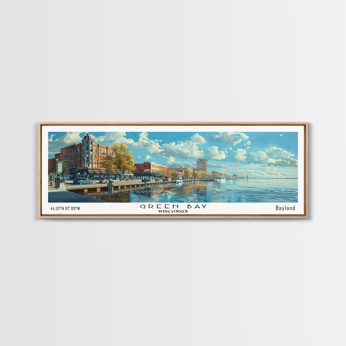 Green Bay Wisconsin Panoramic Watercolor Painting, Urban Framed Canvas Print, Cityscape Wall Art for Office, Travel Decor, Home Gift Idea