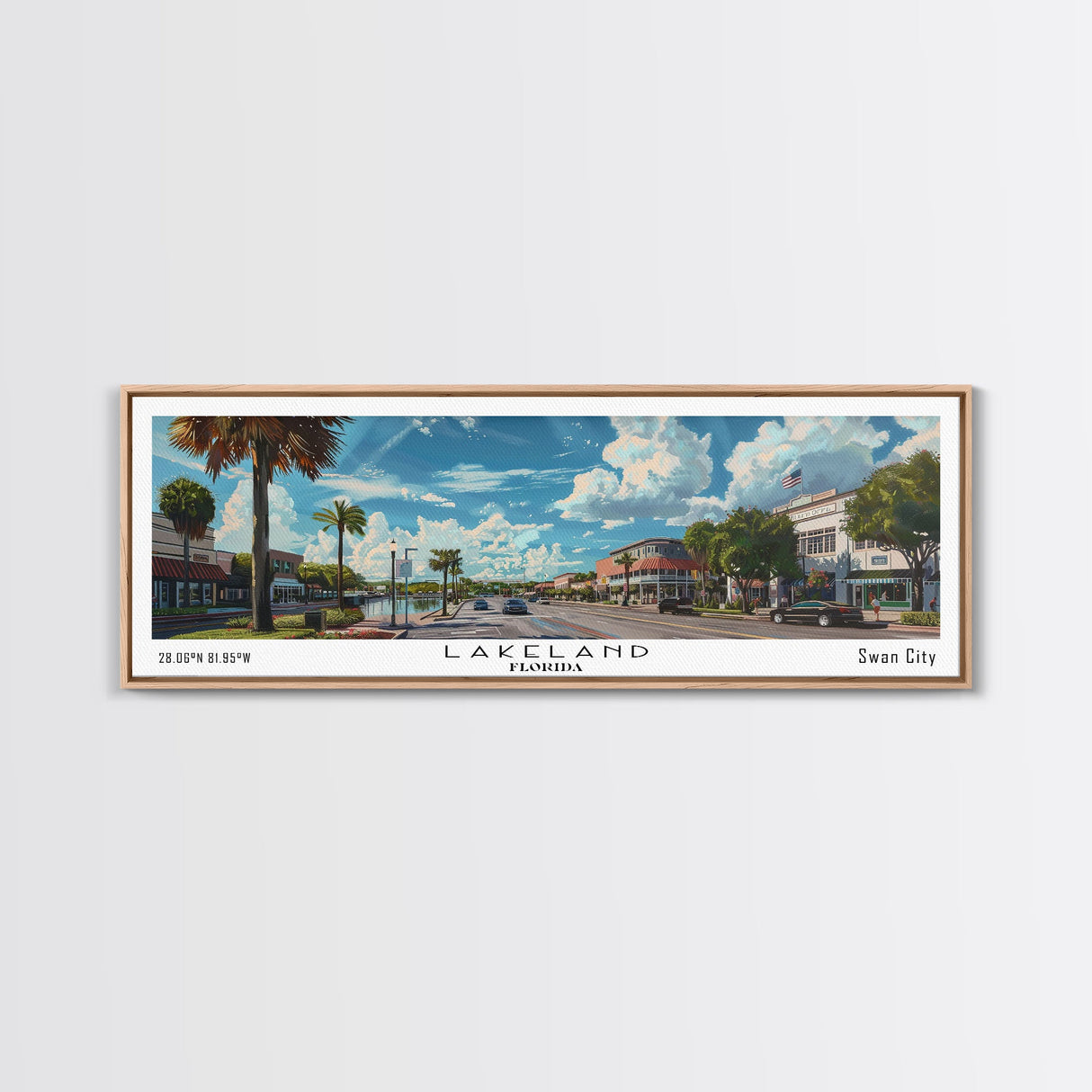 Lakeland Florida Panoramic Cityscape Wall Art, Watercolor Framed Canvas Print, Urban Painting for Living Room, Office Decor, Travel Poster