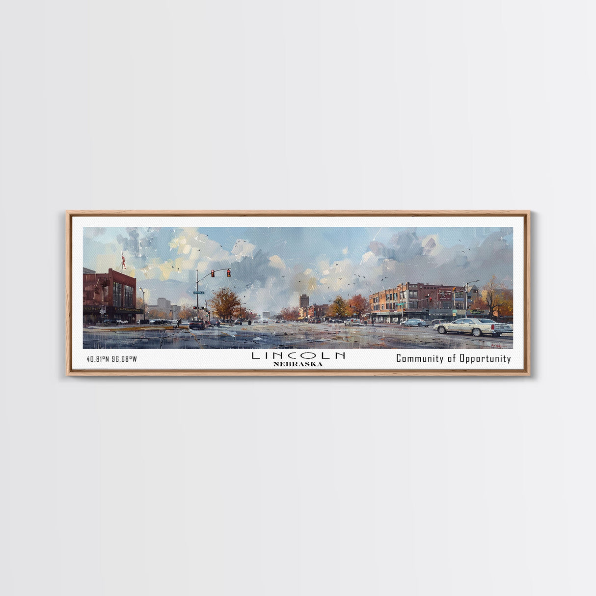 Lincoln Nebraska Panoramic Watercolor Cityscape, Framed Canvas Print for Living Room, Office Wall Art, Urban Decor, Travel Poster
