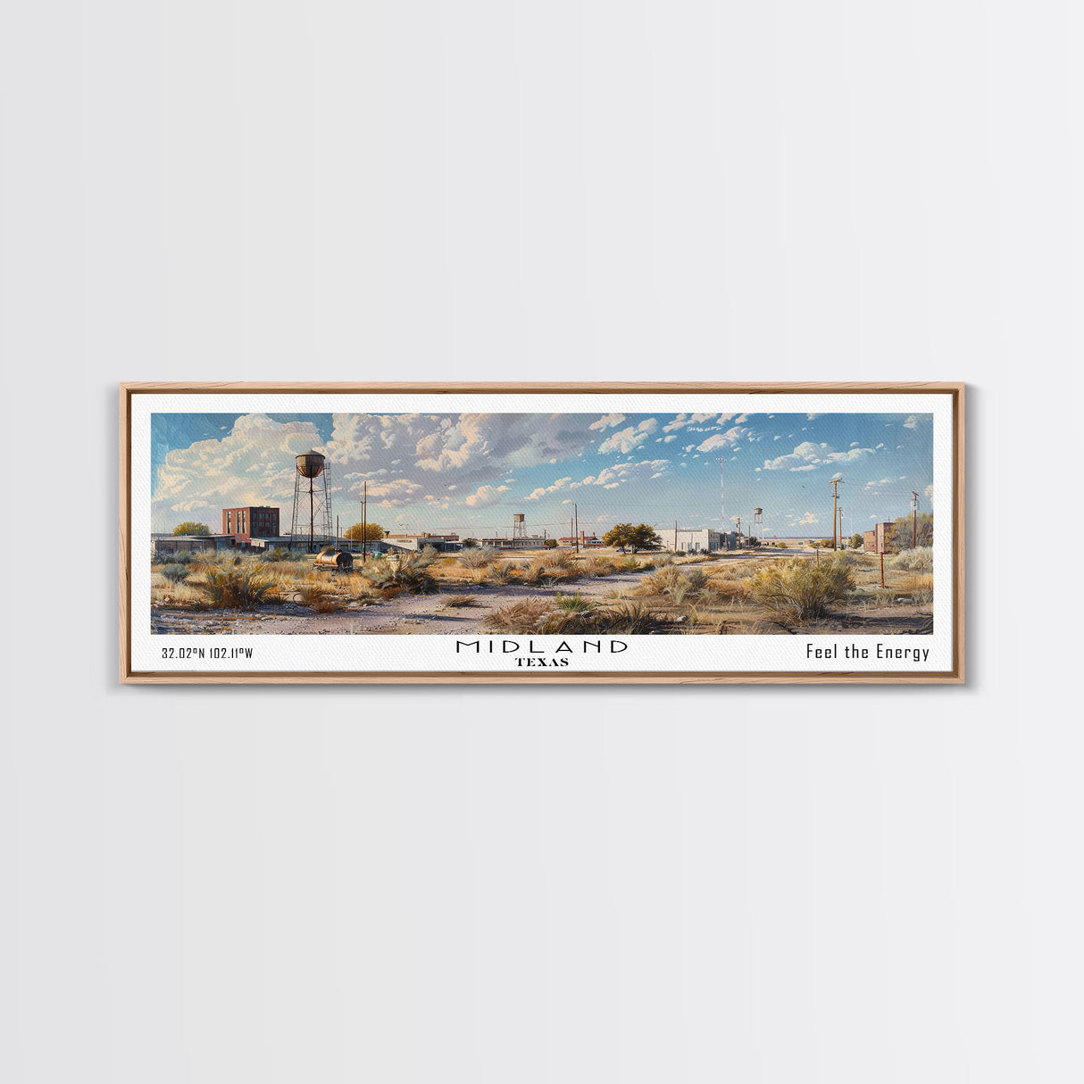Midland Texas Panoramic Framed Canvas Print, Stunning Watercolor Painting, Office Wall Art, Travel Poster, Home Decor, City Art, Gift Idea