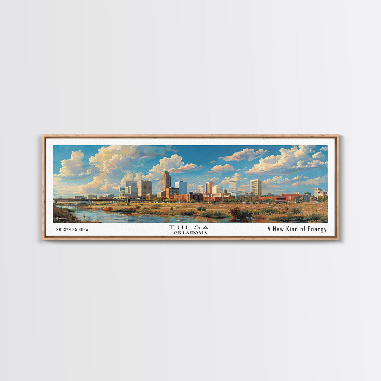 Tulsa Oklahoma Panoramic Framed Canvas Print, Retro Wall Art, Travel Poster, Artistic Living Room Decor, Unique Office Gift, Original Artwork