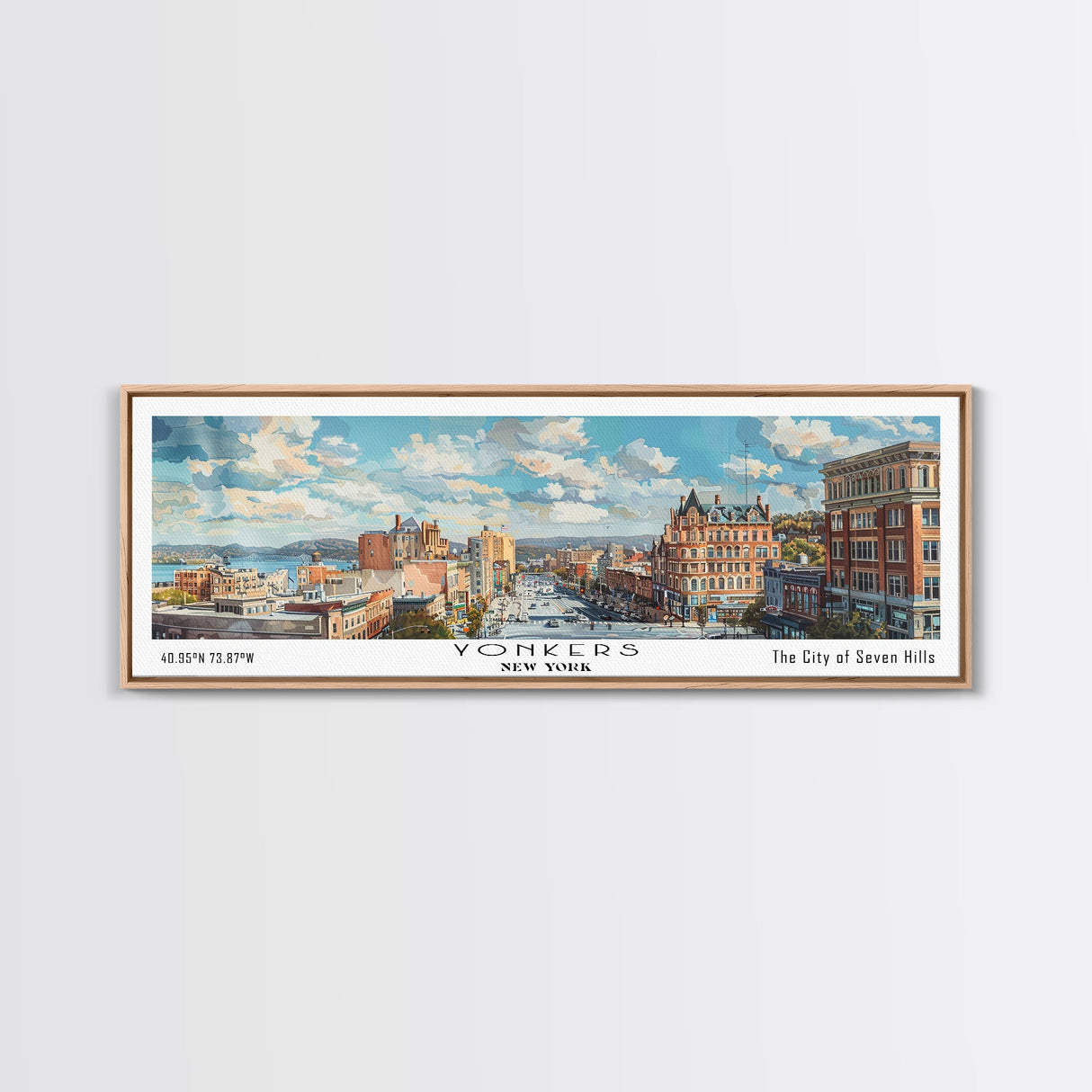 Yonkers New York Panoramic Framed Canvas Print, Retro Style Travel Poster, Artistic Wall Art, Unique Office Decor, Living Room Gift