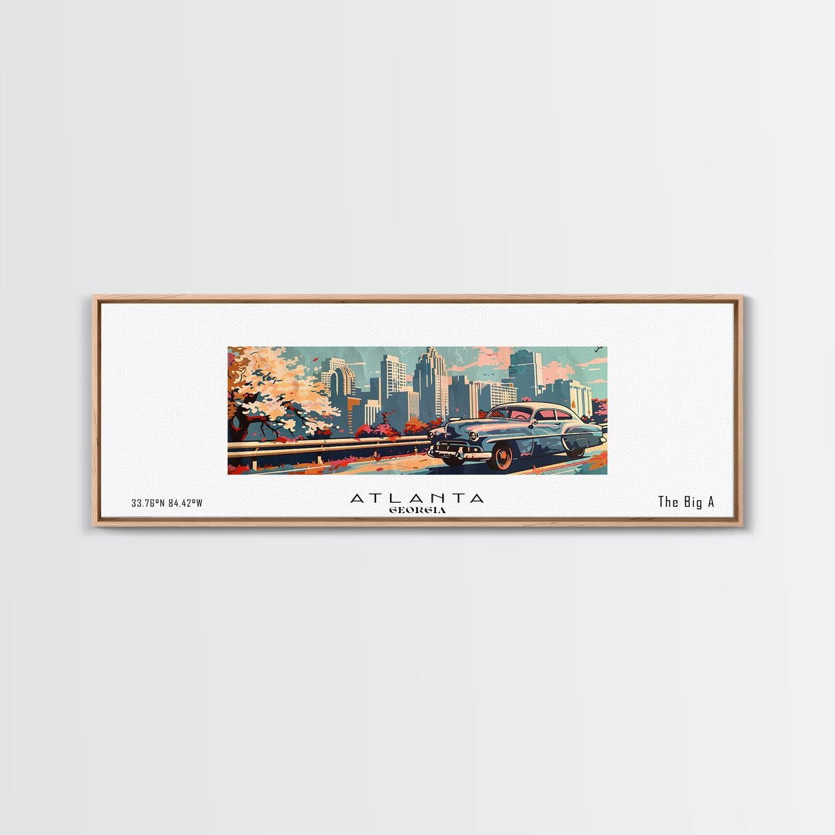 Atlanta Georgia Panoramic Painting, Mid Century Modern Framed Canvas Print, Retro Pop Art Travel Poster, Wall Decor, Gift Idea, Home Decor