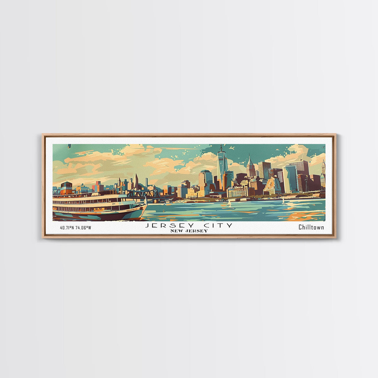 Jersey City New Jersey Panoramic Painting, Mid Century Modern Framed Canvas Print, Retro Pop Art Travel Poster, Wall Art, Home Decor, Office Wall Art, Living Room Decor
