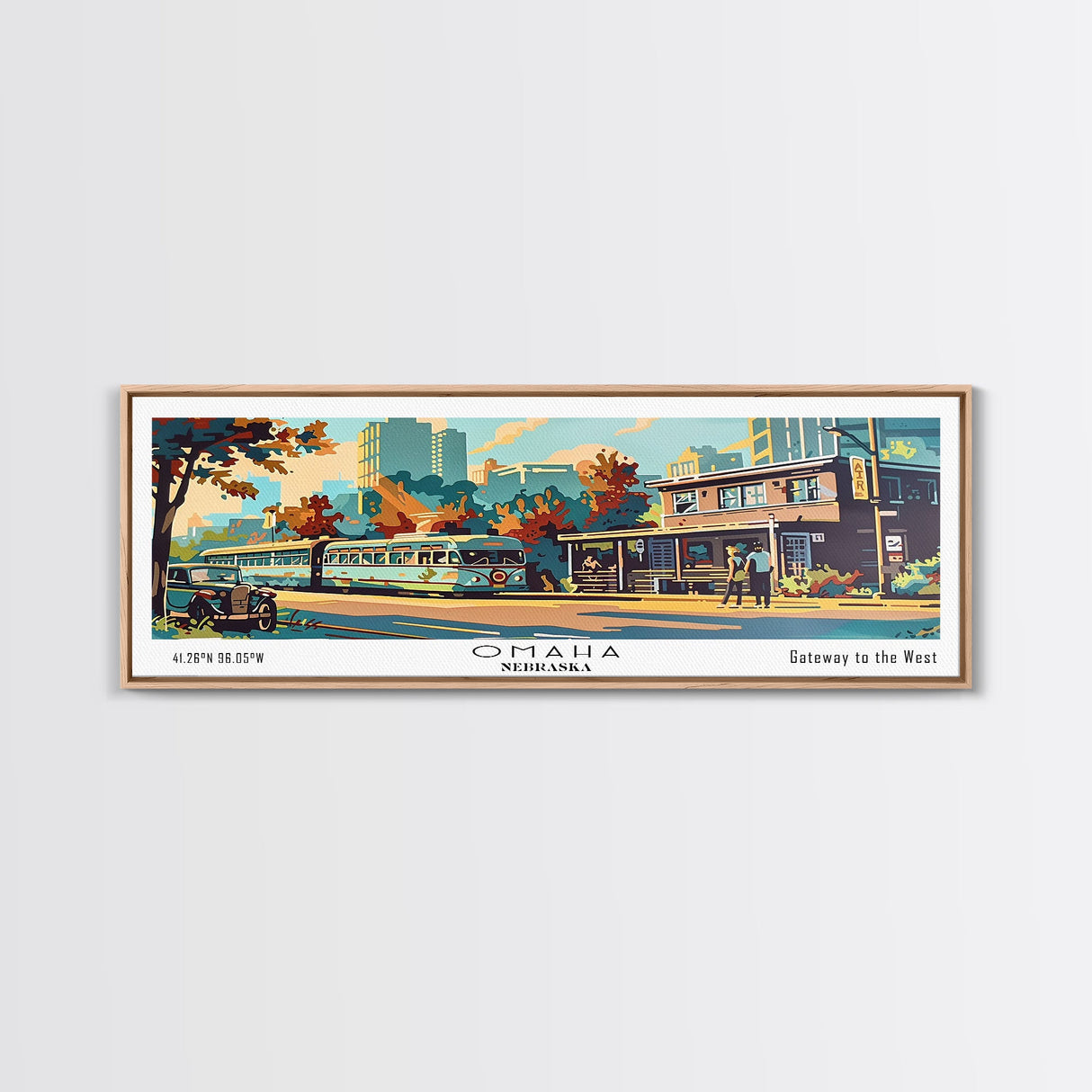 Omaha Nebraska Panoramic Painting, Mid Century Modern Framed Canvas Print, Retro Pop Art Travel Poster, Living Room Art, Home Decor, Office Wall Art, Vintage Style