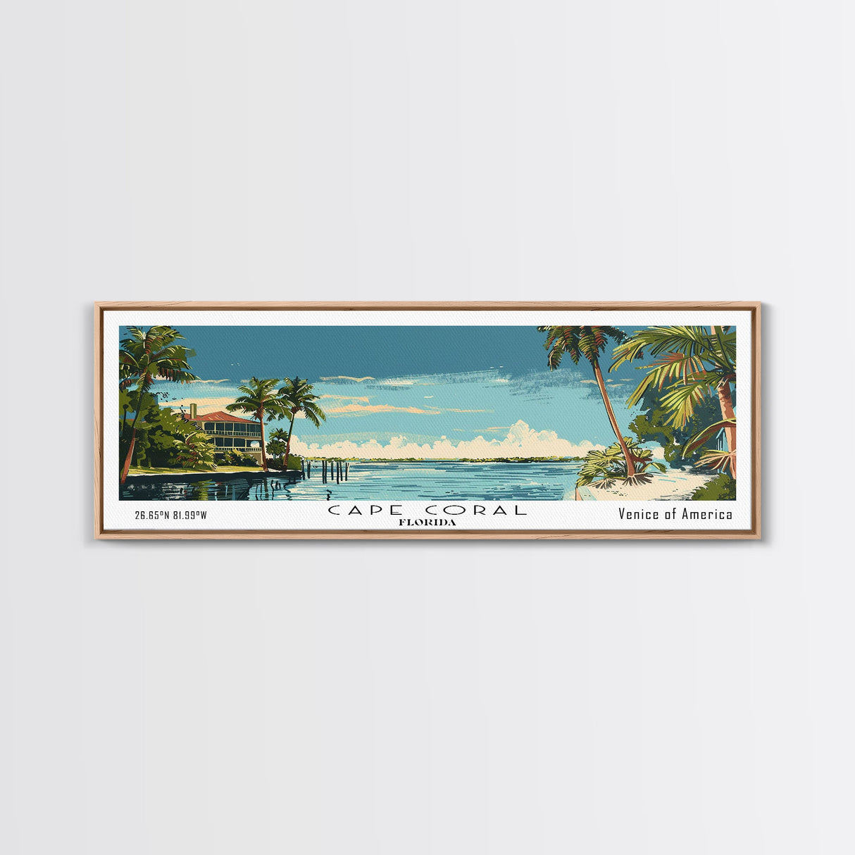Cape Coral Florida Panoramic Painting, Mid Century Modern Framed Canvas Print, Retro Pop Art Travel Poster, Home Decor, City Print