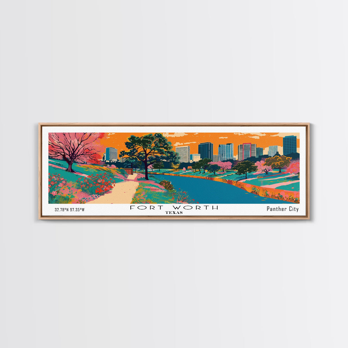 Fort Worth Texas Panoramic Painting, Mid Century Modern Framed Canvas Print, Retro Pop Art Travel Poster, Office Wall Decor