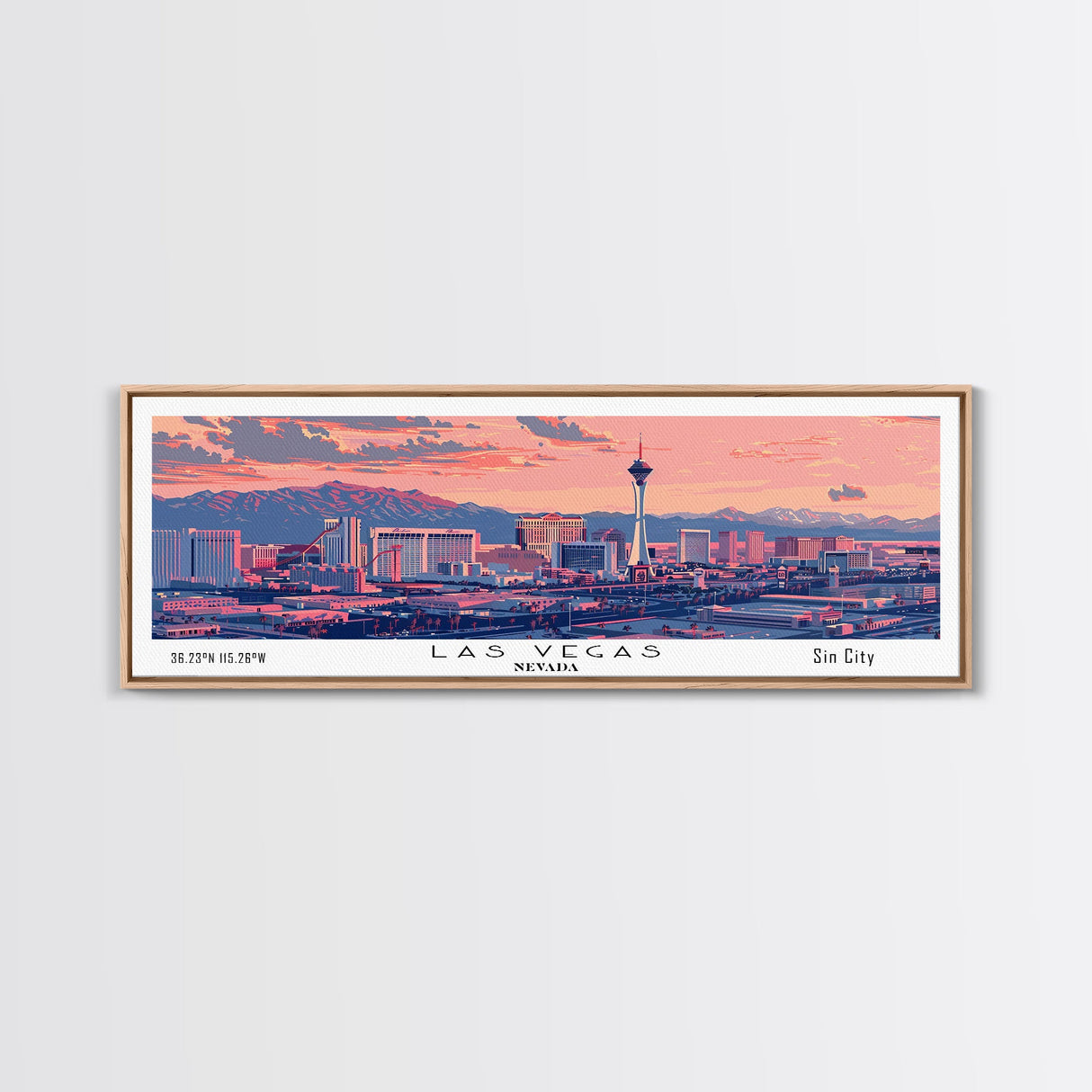 Las Vegas Nevada Panoramic Painting, Mid Century Modern Framed Canvas Print, Retro Pop Art Travel Poster, Living Room Art