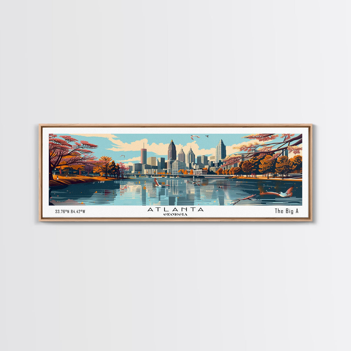 Atlanta Georgia Panoramic Painting, Framed Canvas Print, Mid Century Modern Wall Art, Retro Pop Art Travel Poster, Home Decor, City Art
