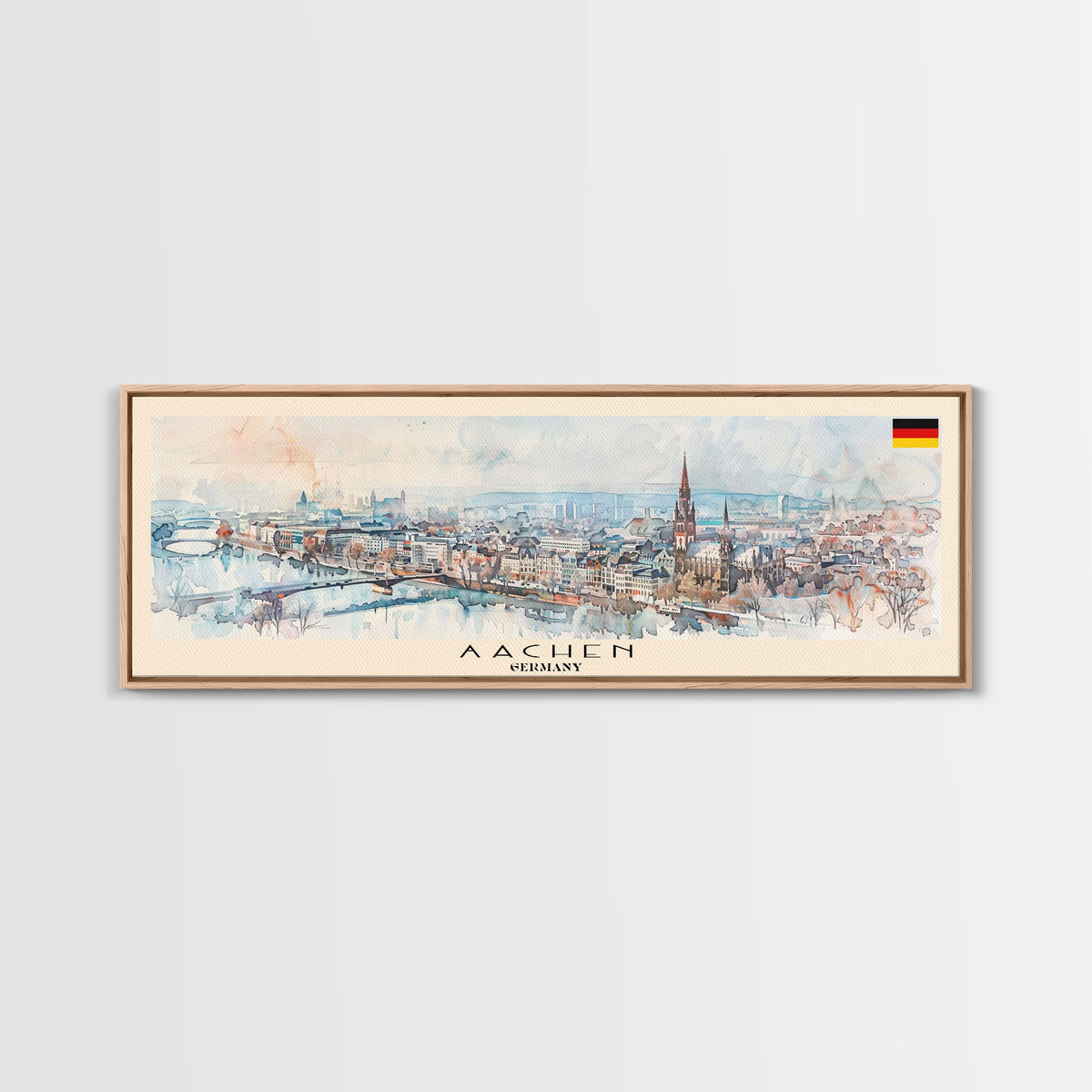 Aachen Germany  Panoramic Travel Poster, Framed Canvas Print or Metal Wall Art, Travel Art, Home Decor, Panoramic Painting, Midcentury Art