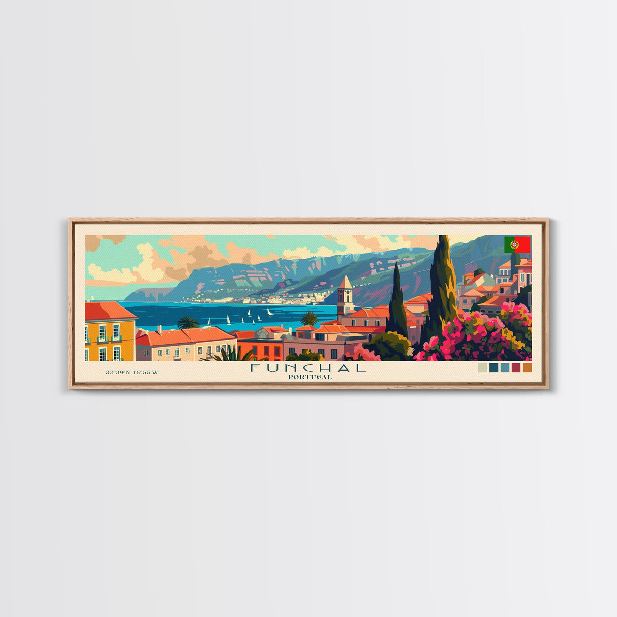 Funchal Portugal Travel Print Wall Art, Panoramic City Art, Travel Art, Wall Decor, Vacation Gift, Framed Canvas Print Or Metal Art