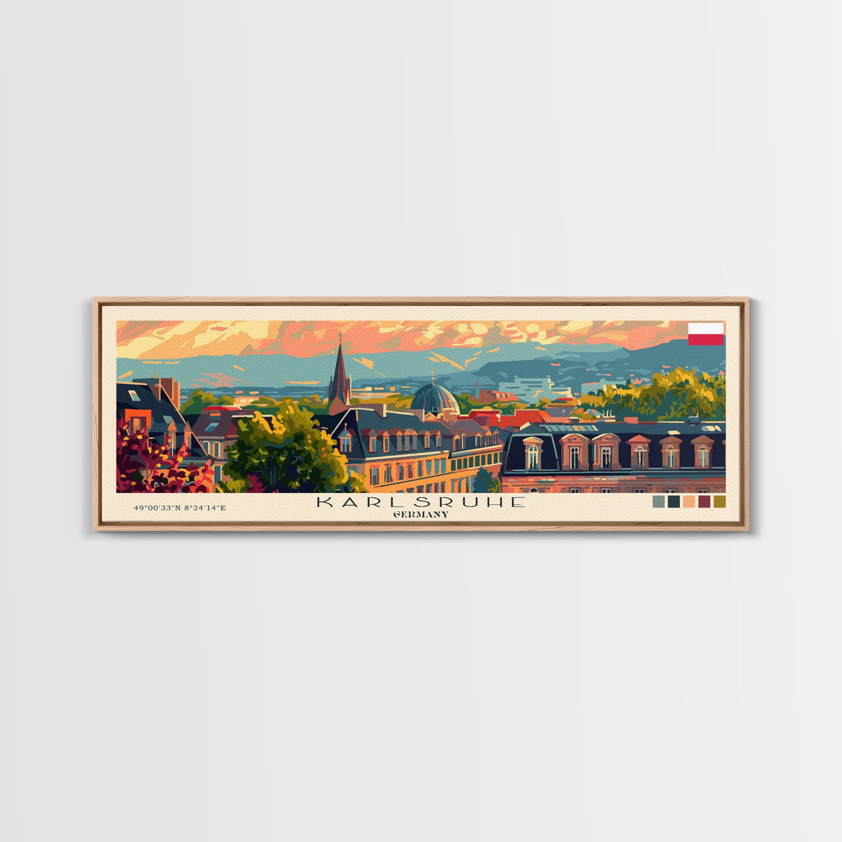 Karlsruhe Germany Panoramic Travel Poster, Framed Canvas Print or Metal Wall Art, Travel Art, Home Decor, Panoramic Painting, Midcentury Art