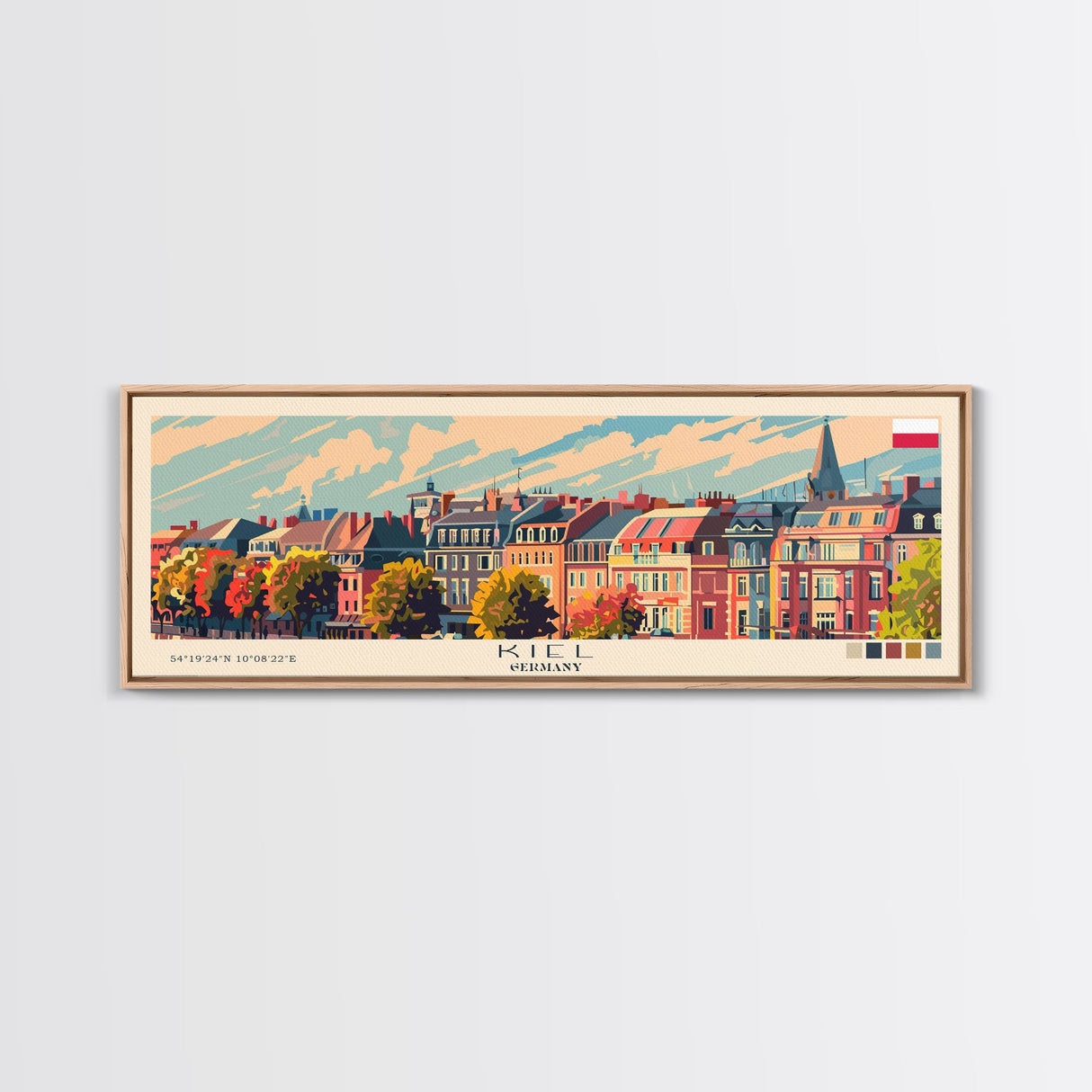 Kiel Germany Panoramic Travel Poster, Framed Canvas Print or Metal Wall Art, Travel Art, Home Decor, Panoramic Painting, Midcentury Art